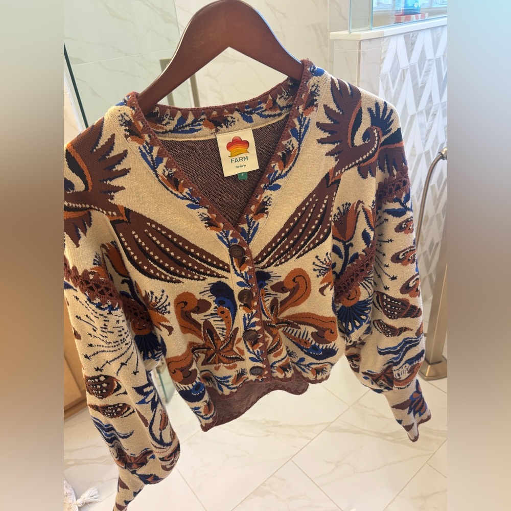 FARM Rio Floral Jacquard Button-Front Cardigan in Cream, Brown & Blue - Picture 7 of 7